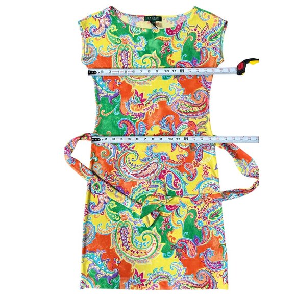 LAUREN RALPH LAUREN $169 Paisley Colorful Jersey Cap Sleeve Belted Dress Sz P XS - Picture 6 of 10